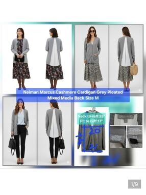 Neiman Marcus Cashmere Cardigan Grey Pleated Mixed Media Back Size M